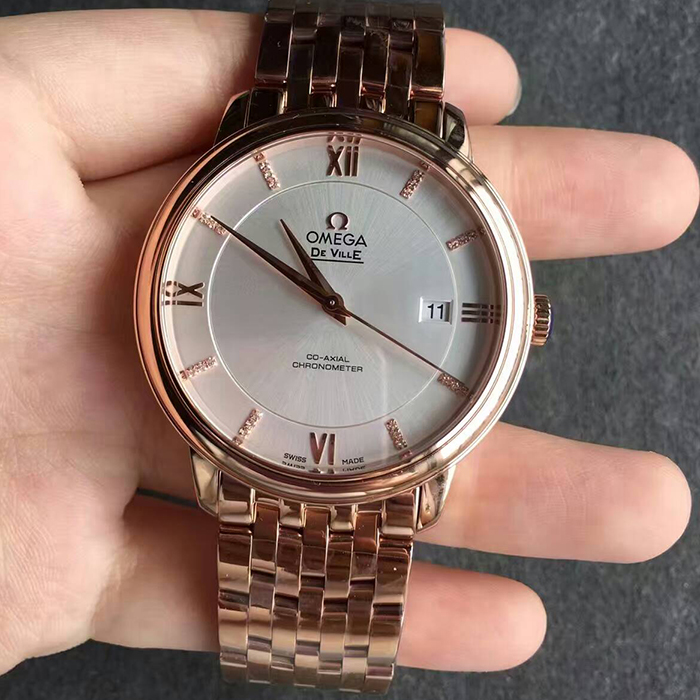 【MK超A】歐米茄（Omega）碟飛典雅系列超薄款全玫金鋼帶版白面鉆丁男士壹比壹精仿手錶
