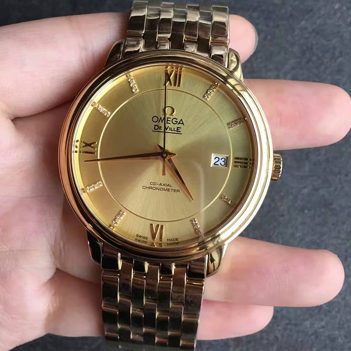 【MK超A】歐米茄（Omega）碟飛典雅系列超薄款全黃金鋼帶版金面鉆丁男士壹比壹精仿手錶