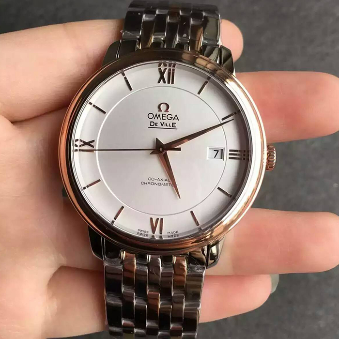 【MK超A】歐米茄（Omega）碟飛典雅系列超薄款間玫金鋼帶白面男士壹比壹精仿手錶