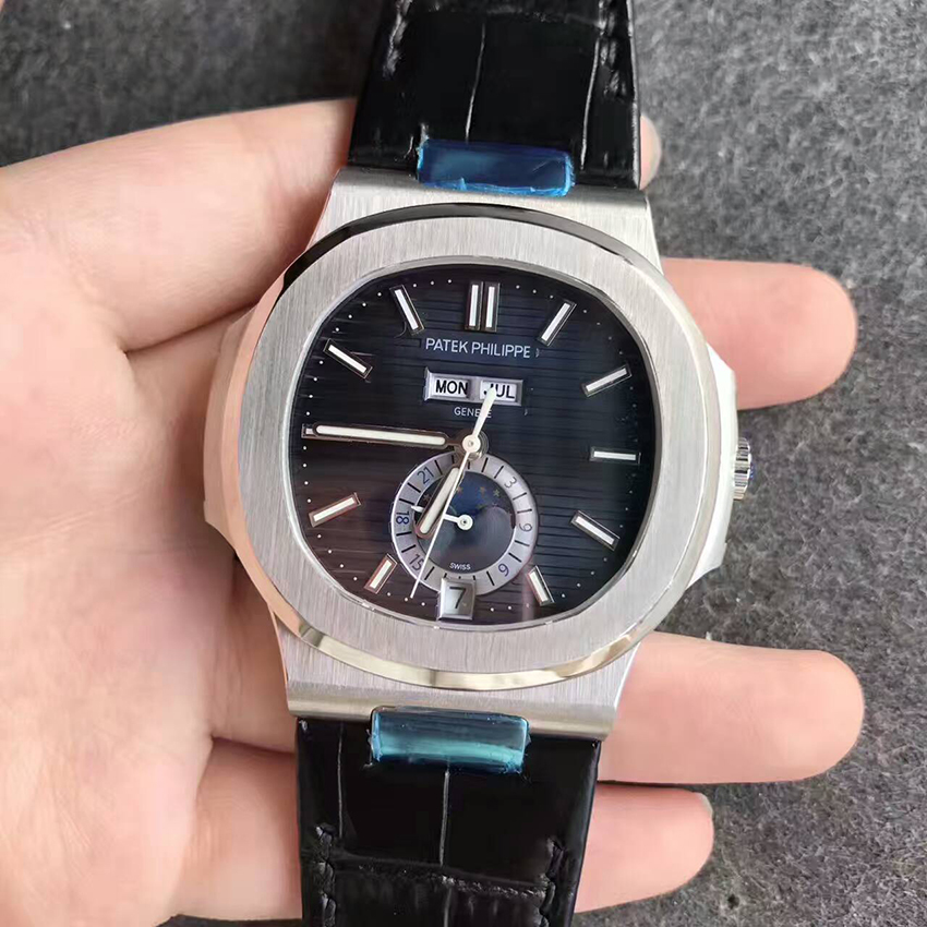 百達翡麗（Patek Philippe）年歷月相款皮帶版藍面壹比壹高仿手錶