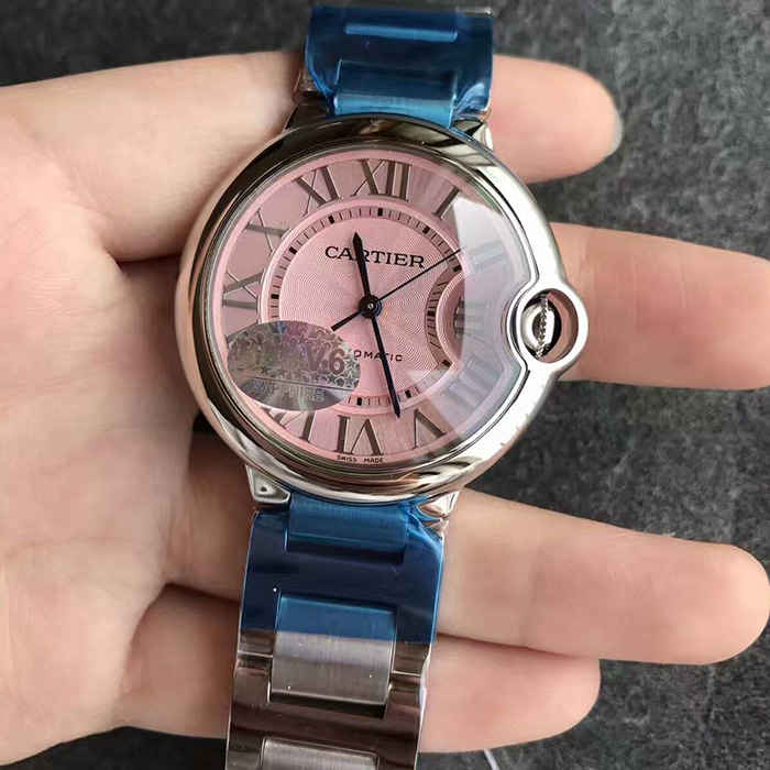 【V6廠1:1】卡地亞（Cartier）藍氣球系列36毫米粉面自動機械壹比壹精仿女錶