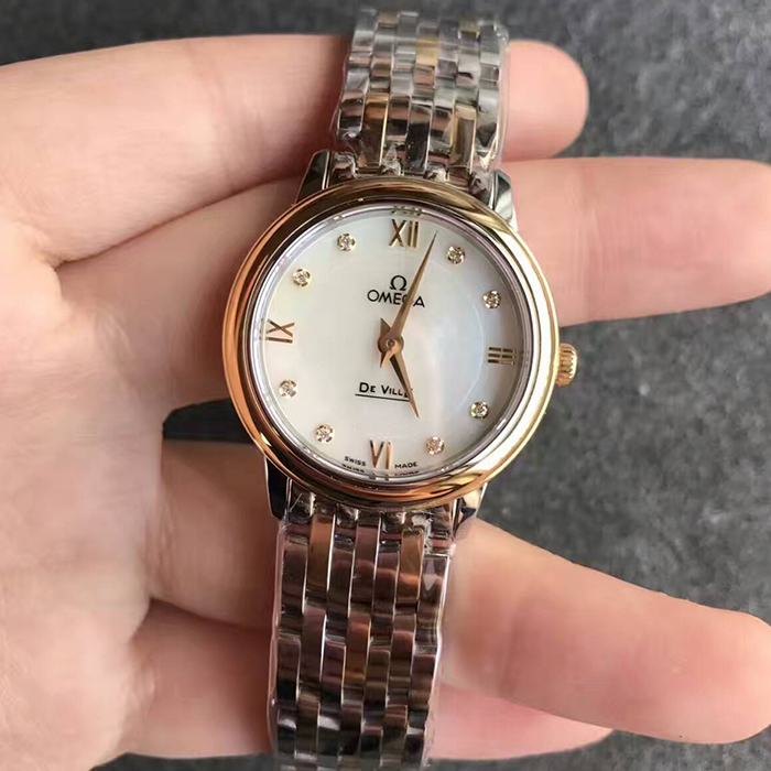 【MK廠】歐米茄（Omega）碟飛系列女款間黃金白貝母面鉆丁424.20.27.60.55.001女士石英精仿手錶
