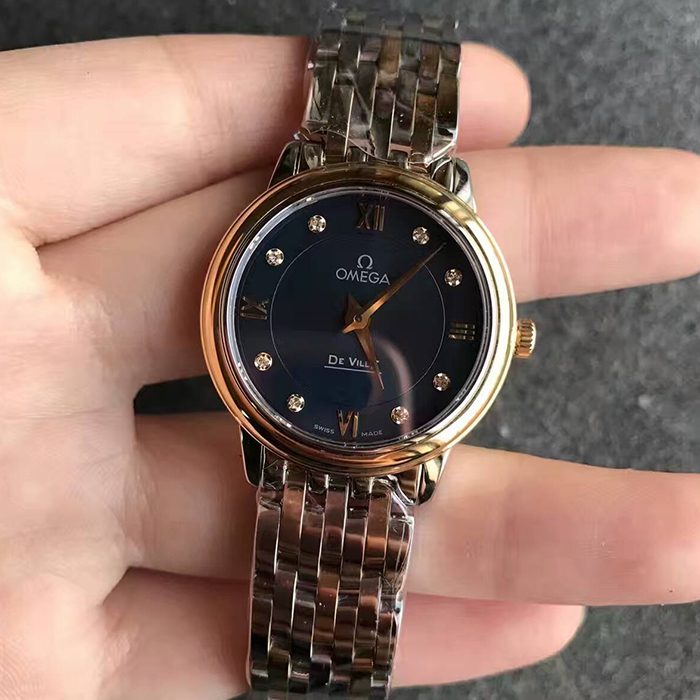 【MK廠】歐米茄（Omega）碟飛系列女款間黃金藍面鉆丁424.20.27.60.53.002女士石英精仿手錶
