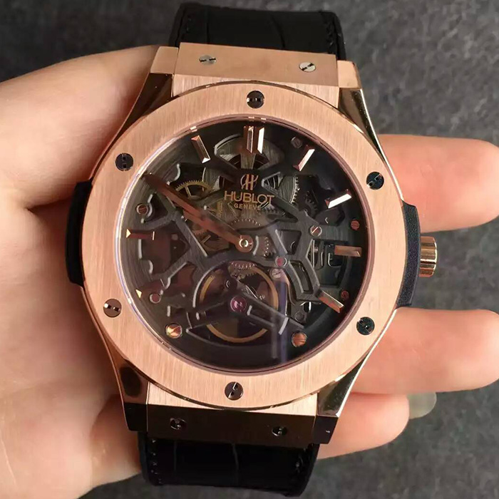 【TF廠】宇舶Hublot（恒寶）經典融合系列全鏤空男士自動機械精仿手錶【金殼】