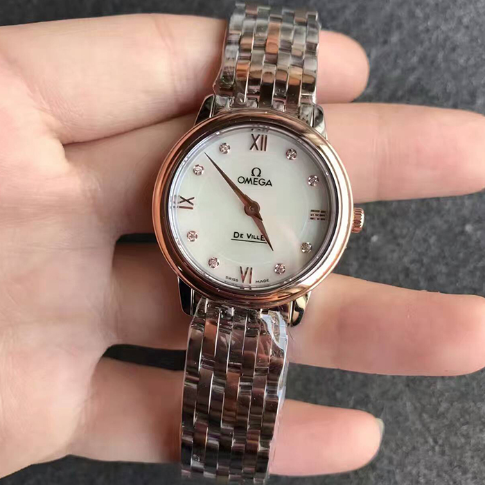 【MK廠】歐米茄（Omega）碟飛系列女款間玫金白貝母面鉆丁女士石英精仿手錶