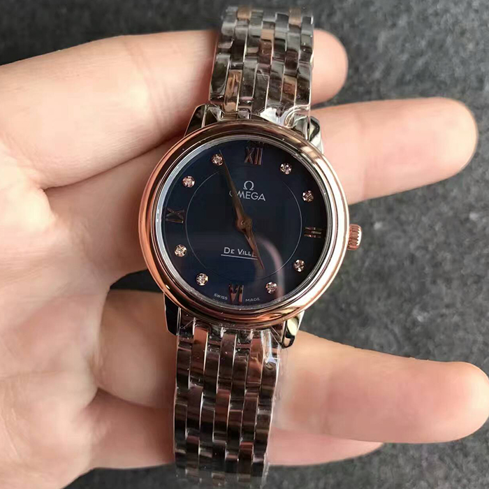 【MK廠】歐米茄（Omega）碟飛系列女款間玫金藍面鉆丁424.20.27.60.53.001女士石英精仿手錶