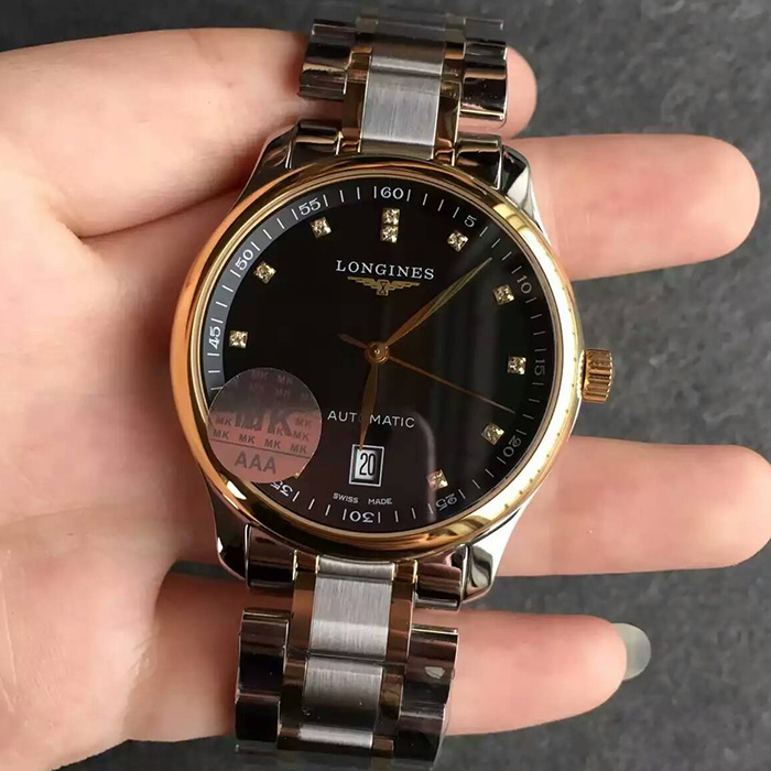 【MK廠壹比壹】浪琴（Longines）名匠系列6點單歷超薄間金鉆丁黑面自動機械精仿男錶價格/圖片