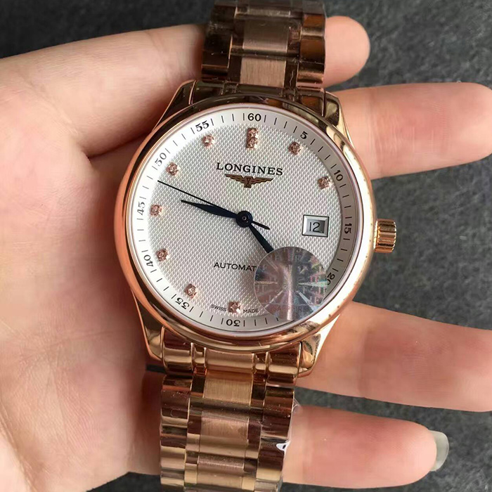 【JF廠1:1】浪琴（Longines）名匠系列鉆丁3字位中英文雙歷全玫金自動機械精仿男錶價格/圖片