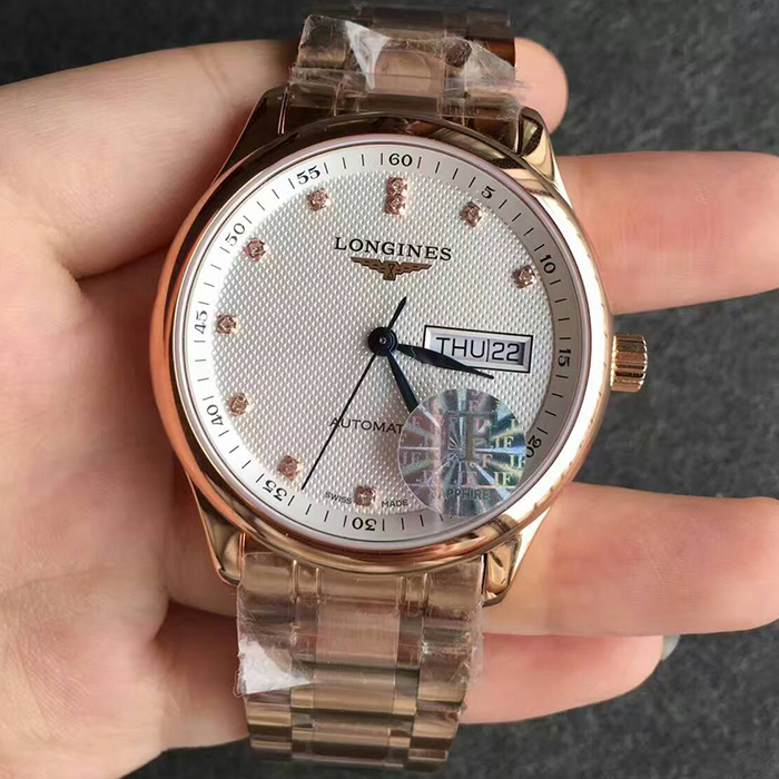 【JF廠1:1】浪琴（Longines）名匠系列鉆丁3字位中英文雙歷全玫金自動機械精仿男錶價格/圖片