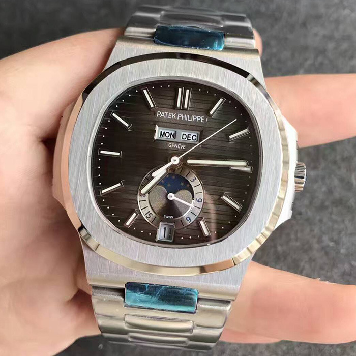 百達翡麗（Patek Philippe）鸚鵡螺萬年歷月相款灰面自動機械壹比壹精仿男錶