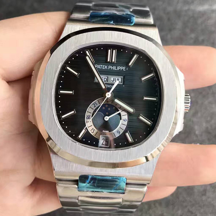 百達翡麗（Patek Philippe）鸚鵡螺萬年歷月相款藍面自動機械壹比壹精仿男錶