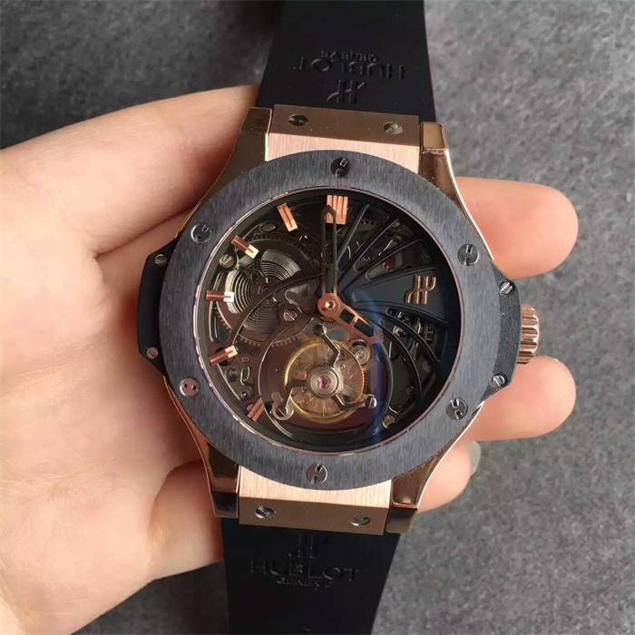 【HF廠】宇舶Hublot（恒寶）大爆炸系列手動陀飛輪全陶瓷圈精仿手錶【玫金殼】