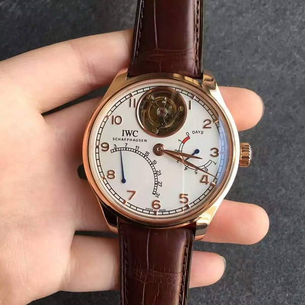 【YL廠】萬國（IWC）葡萄牙系列自動陀飛輪金殼白面壹比壹精仿手錶（動能顯示/日歷飛返）
