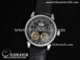 高仿朗格A LANGE SOHNE手表 万年历系列 双核飞轮 黑色表盘 黑色皮带 亚洲2813机芯 ALS0019