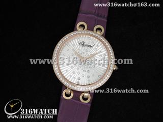 精仿 萧邦Chopard手表 Xtravaganza系列 18k玫瑰镀金 镶钻边框 银色表盘 紫色牛皮表带 女士瑞士石英表 CP0028