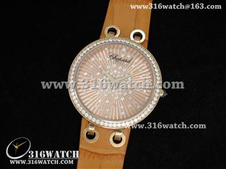 高仿 萧邦Chopard手表 Xtravaganza系列 18k玫瑰镀金 镶石边框 黄金表盘 橘色皮带 女士瑞士石英表 CP0022