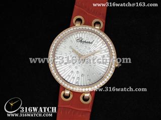 精仿 萧邦Chopard手表 Xtravaganza系列 18k玫瑰镀金 镶石边框 银色表盘 红色牛皮带 女士瑞士石英表 CP0029