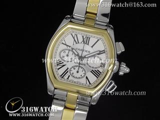 卡地亚CARTIER-跑车系列 18 k镀金边框 白色表盘 精钢表链 计时7750机芯 高仿卡地亚手表 CTR0001