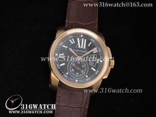 高仿卡地亚CARTIER-CALIBRE DE CARTIER系列 W7100007男士机械表 18 k电镀玫瑰金表壳 黑色表盘 棕色皮表带 CTR0005
