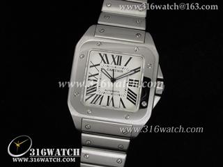 卡地亚CARTIER-山度士系列 W200737G男士机械表 抛光边框 白色表盘 精钢表链 瑞士ETA-2824机芯 高仿1:1卡地亚 CTR0006