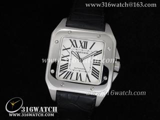 卡地亚CARTIER-山度士系列 38MM 1:1 V6版 抛光边框 白色表盘 黑色皮表带 男装瑞士ETA-2824机芯 高仿卡地亚手表 CTR0007