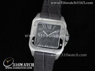 高仿卡地亚CARTIER-山度士系列 W20134X8男士机械表 抛光边框 灰色表盘 灰色皮表带 亚洲2824机芯 CTR0008