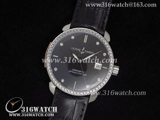 高仿雅典ULYSSE NARDIN - CLASSICO系列 镶钻表框 黑色面 黑色牛皮表带 亚洲25J自动机芯 UN0006