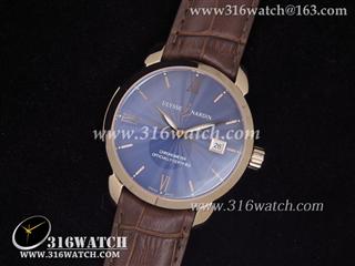 高仿雅典ULYSSE NARDIN - CLASSICO系列 18 k玫瑰金电镀表壳 蓝色面 棕色牛皮表带 亚洲25J自动机芯 UN0007