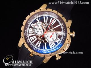 高仿豪爵Roger Dubuis Chronoexcel系列 18 k玫瑰金电镀表壳 咖啡色表盘 黑色橡胶带 亚洲计时7750机芯 高仿1:1豪爵手表 RD0001