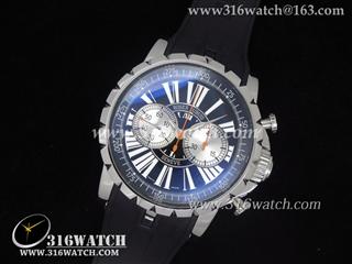 高仿豪爵Roger Dubuis手表 Chronoexcel系列 黑色面白色罗马表盘 黑色橡胶带 亚洲计时7750机芯 RD0005