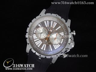高仿豪爵Roger Dubuis手表 Chronoexcel系列 咖啡色面白色罗马表盘 黑色橡胶带 亚洲计时7750机芯 RD0006