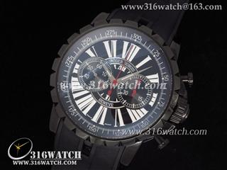 高仿豪爵Roger Dubuis 手表 Chronoexcel系列 黑色PVD表壳 黑色表盘 黑色橡胶带 亚洲计时7750机芯 RD0008