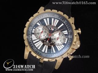 高仿豪爵Roger Dubuis -Chronoexcel系列 18 k玫瑰金电镀表壳 黑色表盘 黑色橡胶带 亚洲计时7750机芯 RD0009