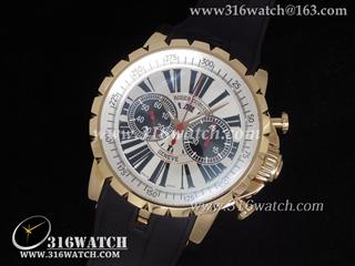高仿豪爵Roger Dubuis手表 Chronoexcel系列 18 k玫瑰金电镀表壳 白色表盘 黑色橡胶带 亚洲计时7750机芯 RD0010