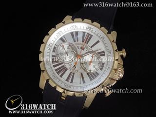 高仿豪爵Roger Dubuis手表 Chronoexcel系列 18 k玫瑰金电镀表壳 白色表盘 黑色橡胶带 亚洲计时7750机芯 RD0011