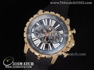 高仿豪爵Roger Dubuis手表 Chronoexcel系列 18 k玫瑰金电镀表壳 黑色表盘 黑色橡胶带 亚洲计时7750机芯 RD0012