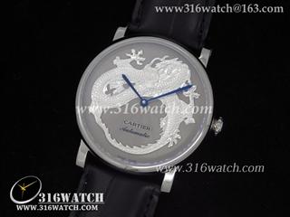 高仿卡地亚CARTIER-Ronde de Cartier系列 灰面银色飞龙图案表盘 黑色皮表带 亚洲21J自动机芯 CTR0037