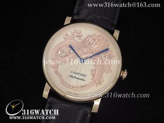 高仿卡地亚CARTIER-Ronde de Cartier系列 18 k玫瑰金电镀表壳 金色面金色飞龙图案表盘 亚洲21J自动机芯 CTR0039
