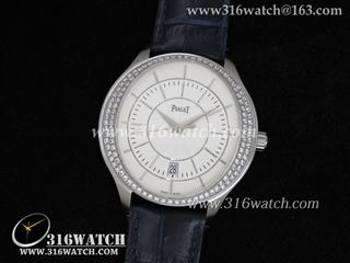 高仿伯爵Piaget-Gouverneur系列 镶钻边框 白色表盘 黑色皮带 亚洲2824机芯 PG0016