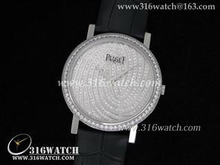 高仿伯爵Piaget-ALTIPLANO系列 G0A30022瑞士石英 雕刻波浪镶钻表盘 黑色皮带 PG0004
