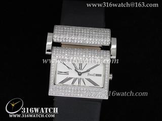 高仿伯爵Piaget-Protocole系列系列 白色表盘 镶钻边框 黑色尼龙带 女装瑞士石英手表 PG0008