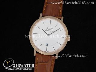 高仿伯爵Piaget-Altiplano系列 18 K玫瑰镀金表壳 白色表盘 棕色皮带 亚洲23J机芯 PG0011
