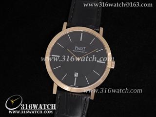 高仿伯爵Piaget-Altiplano系列 18 K玫瑰镀金表壳 黑色表盘 黑色皮带 亚洲23J机芯 PG0012