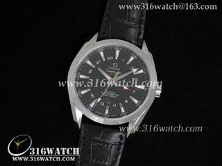 欧米茄Omega- 海马系列 GMT双时区 黑色表盘 黑色牛皮表带 亚洲2836自动机芯 高仿欧米茄手表 OMG0008