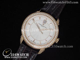 江诗丹顿Vacheron Constantin-传承系列 18 K玫瑰金镀表壳 镶钻边框 白色表盘 亚洲2824机芯 高仿 高仿江诗丹顿手表 VC0002