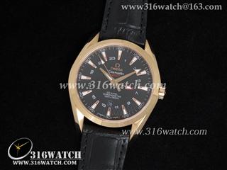 高仿欧米茄Omega-海马系列 GMT双时区 18 k 玫瑰金电镀壳 黑色表盘 黑色皮表带 亚洲2836机芯 OMG0011