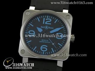柏莱士Bell & Ross- 42MM BR03系列 黑面蓝字表盘 黑色橡胶表带 亚洲2836机芯 高仿1:1 柏莱士手表 BR0002