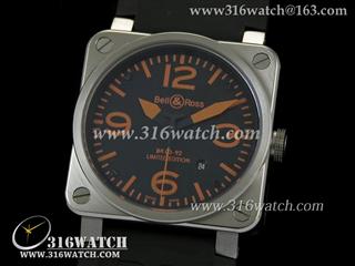 柏莱士Bell & Ross- 42MM BR03系列 黑面橙色字表盘 黑色橡胶表带 亚洲2836机芯 高仿1:1柏莱士手表 BR0003