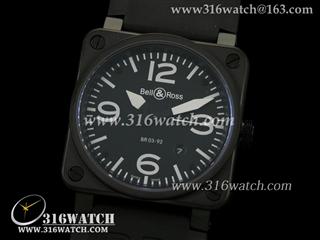 柏莱士Bell & Ross- 42MM BR03系列 黑色PVD表壳 黑面白字表盘 亚洲2836机芯 高仿1:1柏莱士手表 BR0006