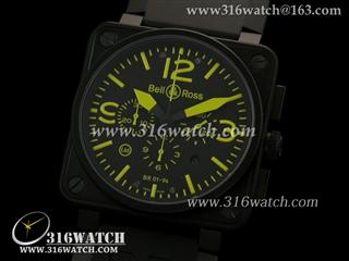 柏莱士Bell & Ross-46MM BR01系列 黑色PVD表壳 黑面黄色字表盘 六针计时7750机芯 高仿1:1 Noob版本 BR0032